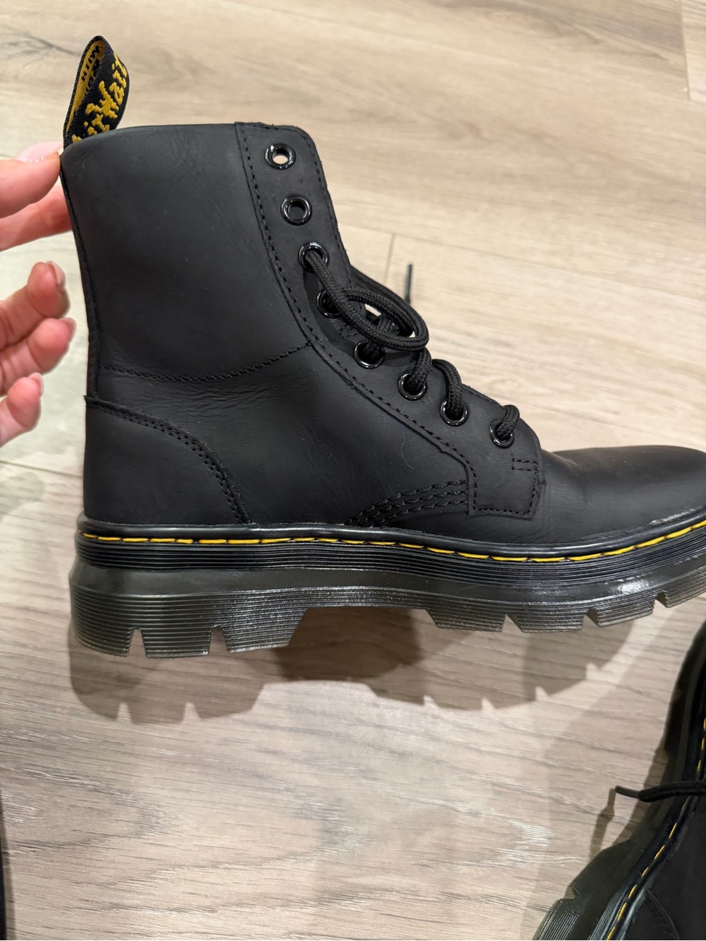 Dr. Martens Black Leather Lace-Up Boots with Yellow Stitching
